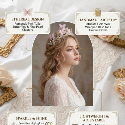 Dreamy Lace Butterfly Crown, Adjustable Rhinestone Artificial Pearl Headband, Wedding Birthday Party Accessory, Boho Style Hair Decor, Bridal Headband