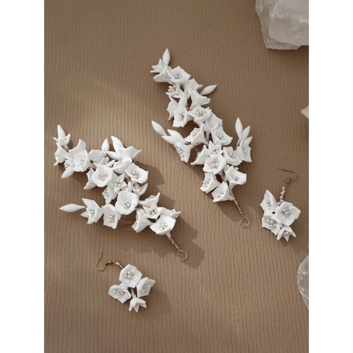 Elegant Handmade Soft Clay Flower Pearl Hair Sticks Earrings Set, Wedding Bridal Accessories for Photography, 4 Piece Forest Style Jewelry