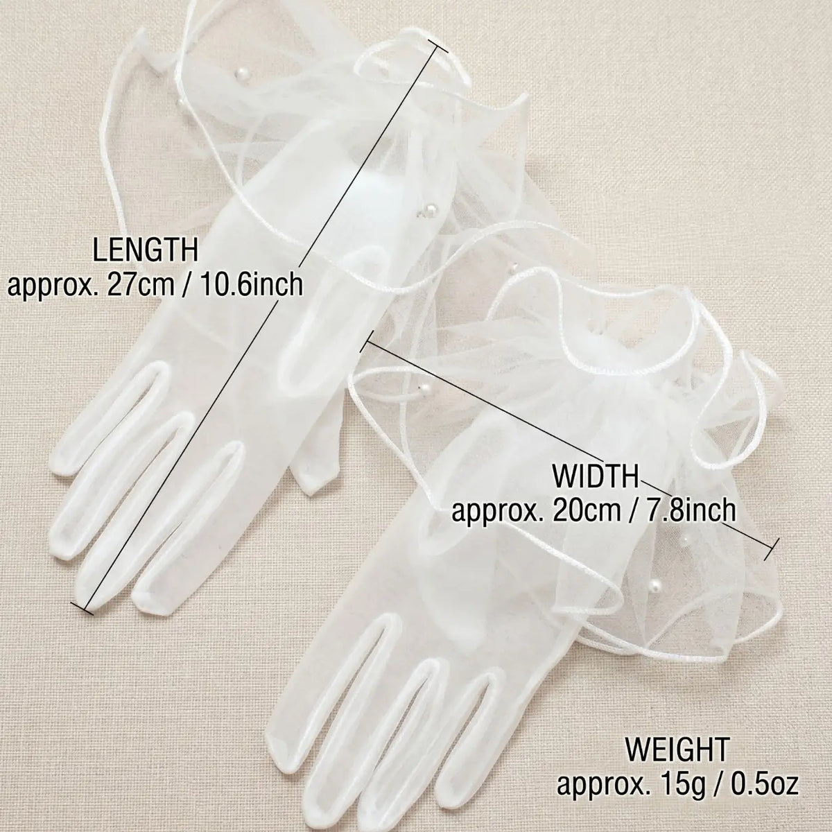 Sheer White Tulle Bridal Gloves, Short Ruffled Wrist Gloves with Delicate Pearl Embellishments, Vintage Elegant Handwear for Weddings, Bridal Parties & Photo Shoots