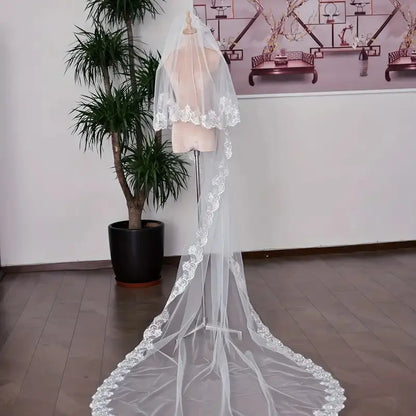 Bridal Trailing Veil - Exquisite Romantic Western Wedding Veil with Floral Lace Edge, Flower Print for Classic Wedding Ceremony, Formal Events