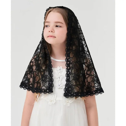 Girls Black Veils - D Shaped Mantilla Chapel Veil for Funeral, Memorial Service - Floral Design Head Cover for Toddler Girls K4 (Black Veil) : Clothing, Shoes & Jewelry