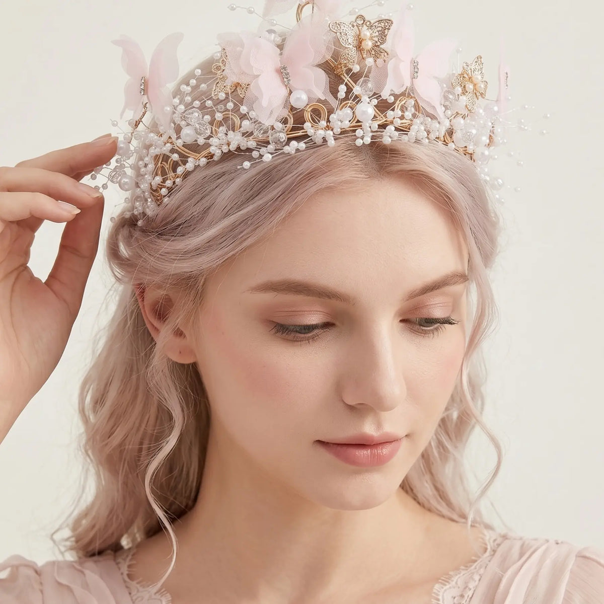 Dreamy Lace Butterfly Crown, Adjustable Rhinestone Artificial Pearl Headband, Wedding Birthday Party Accessory, Boho Style Hair Decor, Bridal Headband