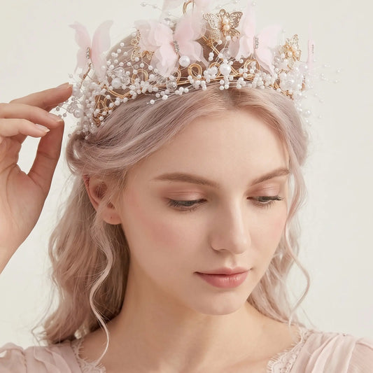 Dreamy Lace Butterfly Crown, Adjustable Rhinestone Artificial Pearl Headband, Wedding Birthday Party Accessory, Boho Style Hair Decor, Bridal Headband