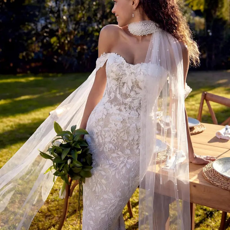 Bridal Tulle Neck Scarf 142in Extra Long Ivory Shawl for Brides, Handcrafted Lightweight Pearl-Embellished Wedding Wrap with Soft Breathable Tulle, Excellent Drape for Ceremony & Reception Photos