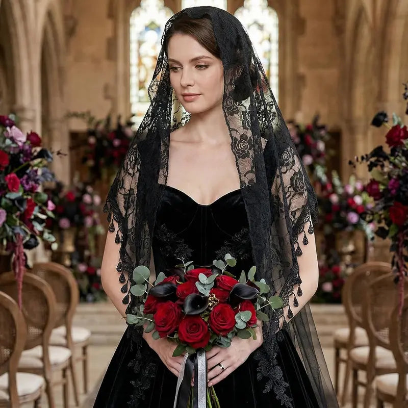 Women's 3-Piece Set Floral Decorated Head Scarves - Catholic Church Ceremony Veils, Mass & Wedding Bridesmaids Headwear