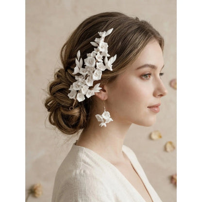 Elegant Handmade Soft Clay Flower Pearl Hair Sticks Earrings Set, Wedding Bridal Accessories for Photography, 4 Piece Forest Style Jewelry
