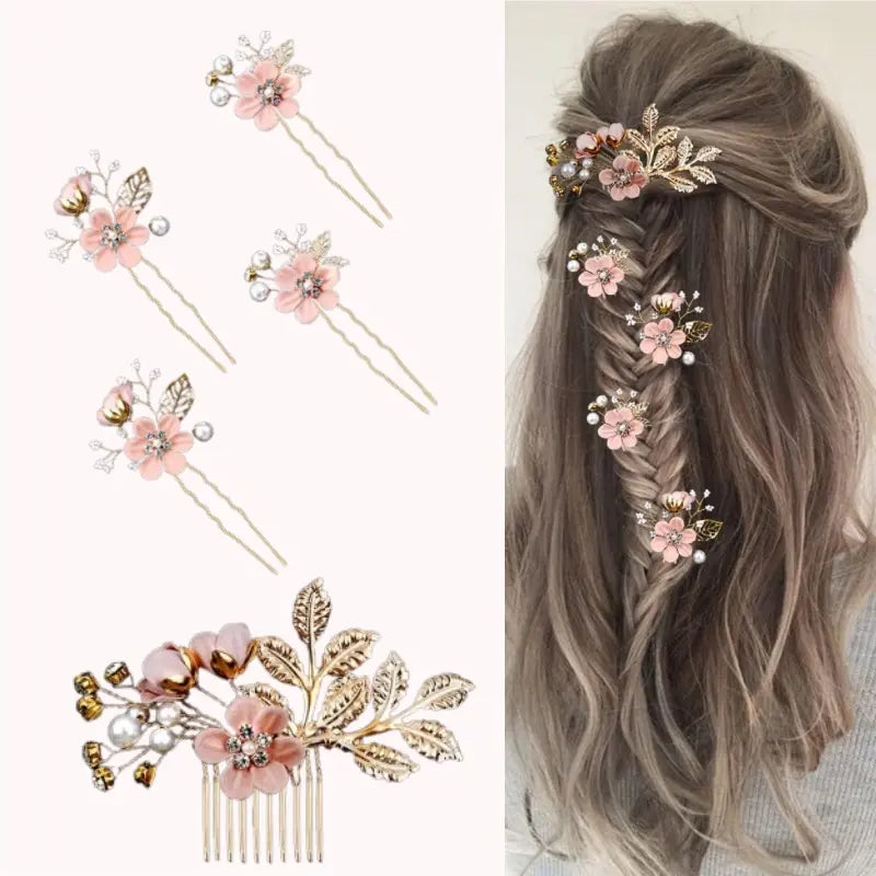 5 pieces of elegant pink bridal hair accessories - crystal pearl hair comb and hairpin, suitable for bridal hairstyles, engagement styles, dances, parties