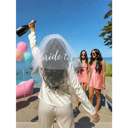 1pc Bridal Veil For Bachelorette Party| Embroidered Double-Layer White Lettered Veil With Comb Photo Accessories, Romantic Style