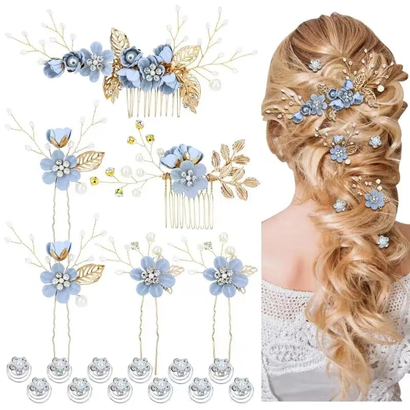 Women's Purple Floral Shape Hair Pins Set - 18-Piece Multiple Pieces with Pearl Accents, Rhinestones, Clip-In Design, Cruelty-Free Prom Bridal Headwear for 24-Hour Wear