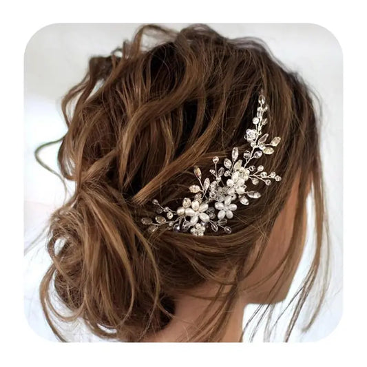 Women's Beautiful Dainty Silver Pearl Bridal Head Comb - Adjustable Size Alloy Wire Accessory for Bridal Shower, Wedding Ceremony (HC034, 1 Silver)
