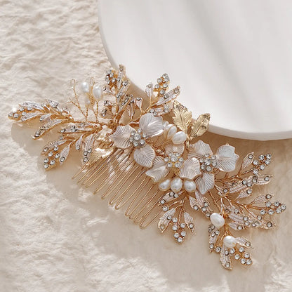 French Vintage Pearl Rhinestone Hair Comb, Stunning Bride Wedding Headpiece, Gold Leaf Hair Pin, Bridesmaid Photo Shoot Accessory