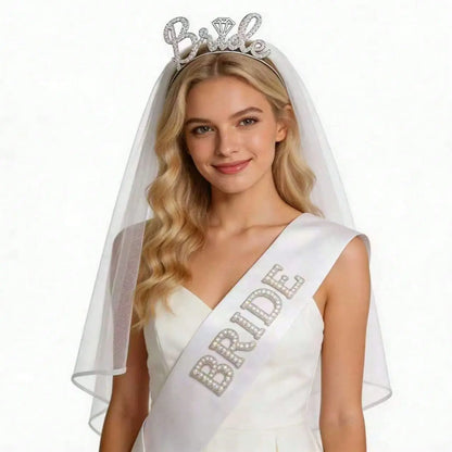 3-Piece Bridal Set Including Veil Rhinestone Hairband Pearl Bride sash Perfect for Bride shower Bridesmaid Photoshoots Bachelorette Party Costume Gift Trailing Veil Wedding Veil Wedding Veils for Brides