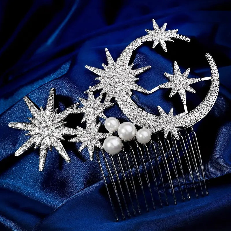 1pc Silvery Rhinestones Pearl Celestial Star-Moon Hair Comb - Bridal Headpiece, Crystal Clip, Sparkling Accessory for Weddings, Evening Wear, 1-Piece Fashion Accent