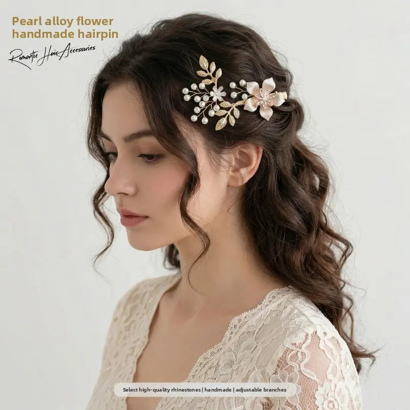 Handmade Pearl Alloy Golden Flower Hair Clips with Droplet Accents - Classic Bridal Flower Motif Hairpin, Festive Event Accessories | Home Supplies, Party Bags & Gifts