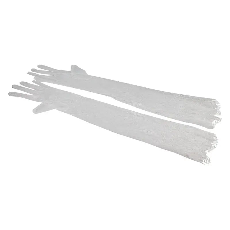 WG054 Women's 54cm Breathable Long Finger Gloves, White Lace Edges Eyelash Lace-Appliqued Bridal Pair, Fashion Accessory for Bride, Prom