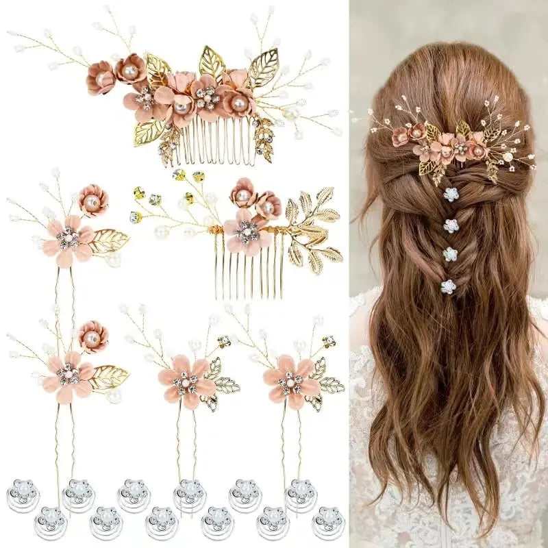 Women's Purple Floral Shape Hair Pins Set - 18-Piece Multiple Pieces with Pearl Accents, Rhinestones, Clip-In Design, Cruelty-Free Prom Bridal Headwear for 24-Hour Wear