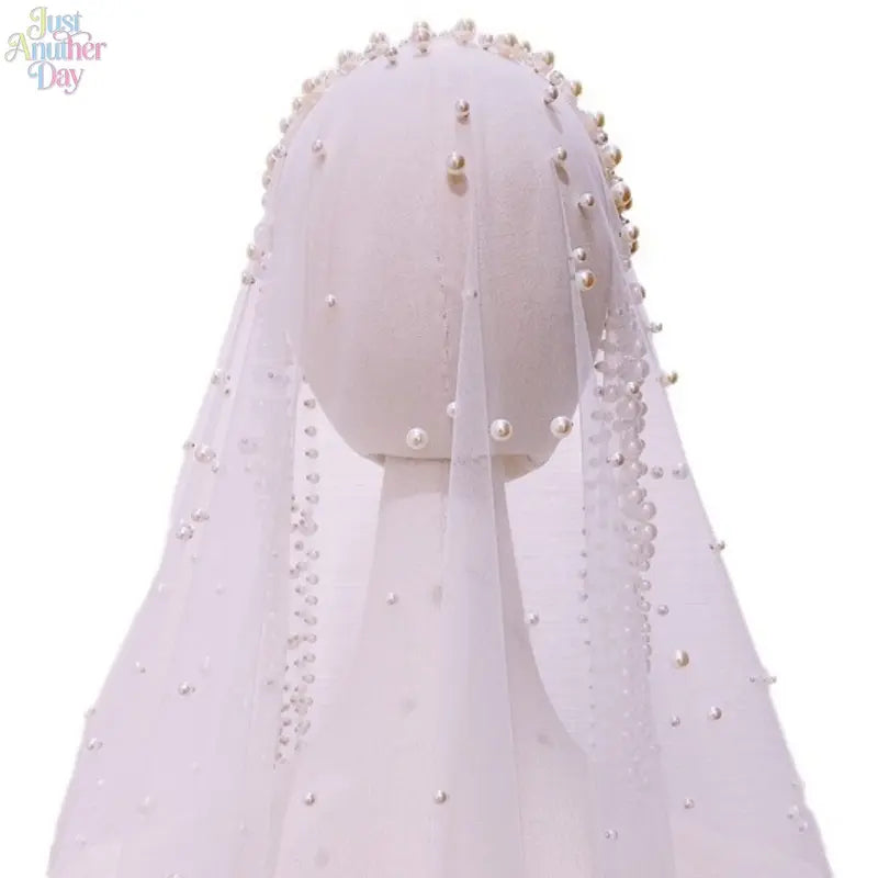 Luxury Pearl Embellished Bridal Veil, Elegant Beaded Long Tulle Wedding Veil, Sheer Face-Covering Veil for Wedding, Photoshoot & Bridal Accessories