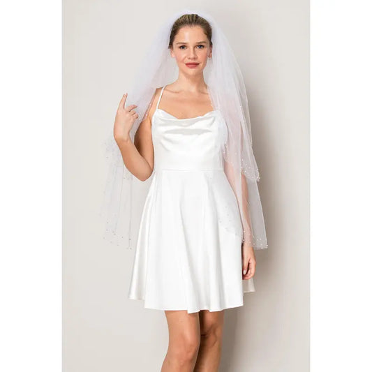 Angela  Three Layer Scattered Crystal Pearl Hip Length Wedding Veil