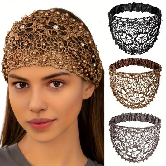 Elegant Floral Lace Beaded Diamond Headband - Polyester Hollow Elastic-Band Hair Accessory Set for Bridal Weddings (Party Hats, Masks & Accessories)
