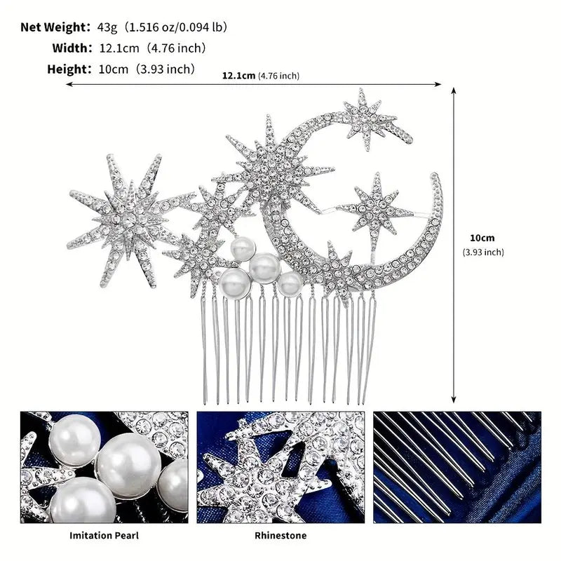 1pc Silvery Rhinestones Pearl Celestial Star-Moon Hair Comb - Bridal Headpiece, Crystal Clip, Sparkling Accessory for Weddings, Evening Wear, 1-Piece Fashion Accent