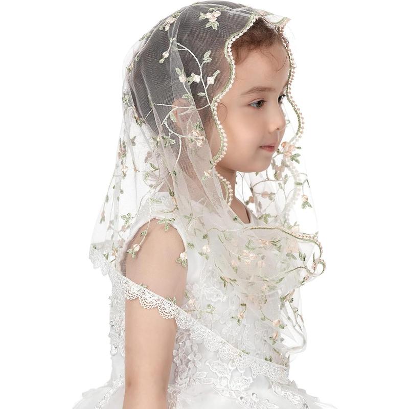 Girls' Infinity Lace Fabric Mantilla Chapel Veil - Catholic Ceremony Accessory for First Communion, Baptism (White D)