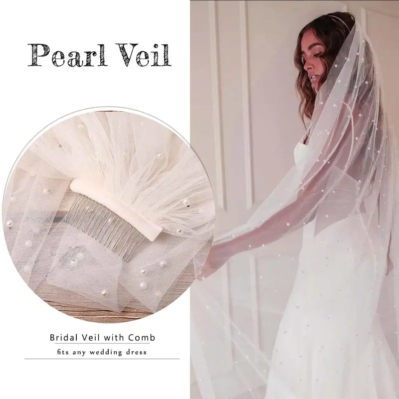 Ursumy Pearl Wedding Veils Flower Cathedral Bridal Veil 118’’ Veils for Brides 1 Tier Fingertip Length Drop Veil Hair Comb