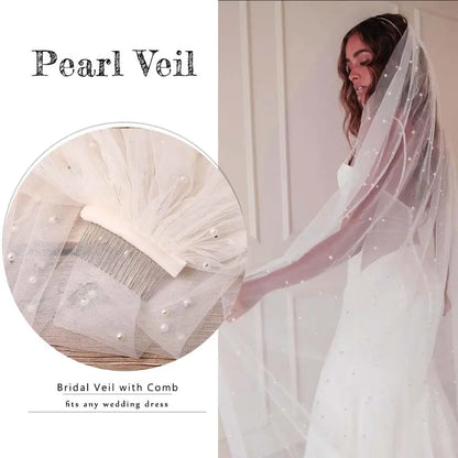 Ursumy Pearl Wedding Veils Flower Cathedral Bridal Veil 118’’ Veils for Brides 1 Tier Fingertip Length Drop Veil Hair Comb