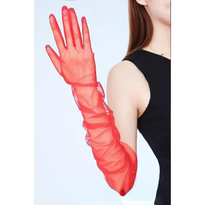 Bridal Over-Elbow Full Finger Gloves - One Size, Ultra-Thin Solid Tulle Fabric, Breathable Loose Fit, Transparent See-Through, for Brides, Formal Events, Proms