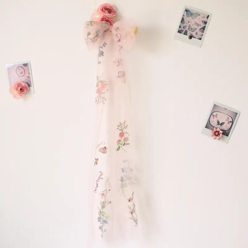 Botanical bow veil, Veil alternative, Unique veil, Embroidered flowers with names veil, Bachelorette bow, Bridal shower hair