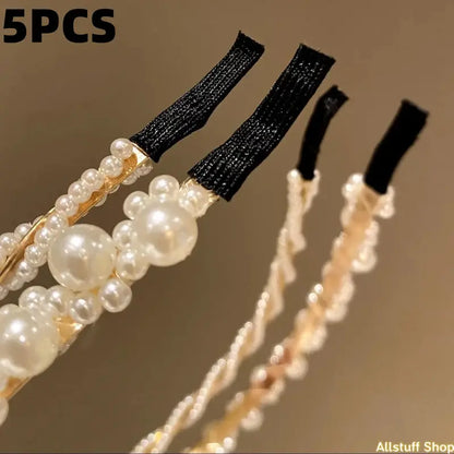 Women's 5-Piece One Size Faux Pearl Metal Headbands - Sports & Outdoor Clothing Fashion Headwear for Daily, Bridal Styling