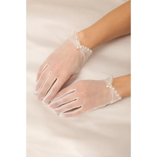 SP Sophia Collection Women's Bridal Hand Gloves, Shelly Sheer Mesh Wrist-Length Style with Pearl Trim for Wedding Events