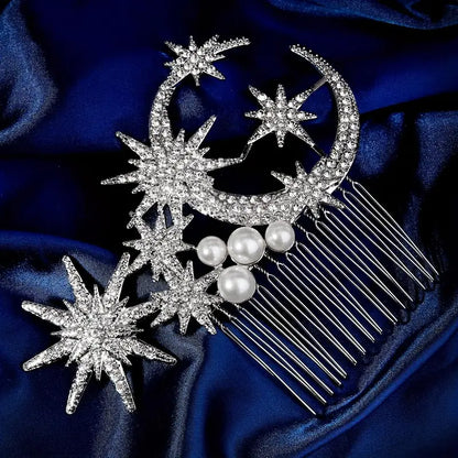 1pc Silvery Rhinestones Pearl Celestial Star-Moon Hair Comb - Bridal Headpiece, Crystal Clip, Sparkling Accessory for Weddings, Evening Wear, 1-Piece Fashion Accent