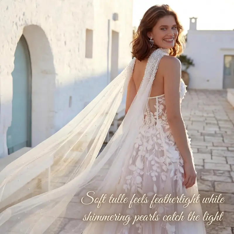 Bridal Tulle Neck Scarf 142in Extra Long Ivory Shawl for Brides, Handcrafted Lightweight Pearl-Embellished Wedding Wrap with Soft Breathable Tulle, Excellent Drape for Ceremony & Reception Photos
