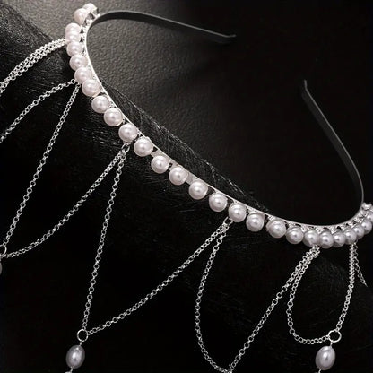 Elegant Pearl & Tassel Bridal Hair Chain Headband - Grid Pattern Wedding Hair Accessory with Dangling Pearl, High-Quality Pearl Hair Ornament for Brides, Proms & Formal Events