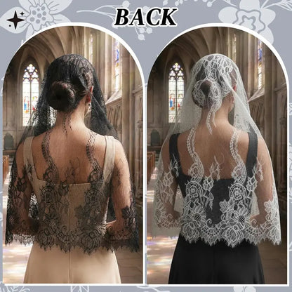4 Pcs Spanish Infinity Veils for Church with Gloves Catholic Lace Traditional Vintage Mantilla Bridal Wedding Head Covering Set White Black Latin Mass Veils for Christian Halloween