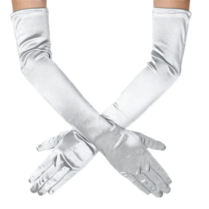 DreamHigh Women's Evening Party Mittens 21" Long Black/White Satin Finger Gloves