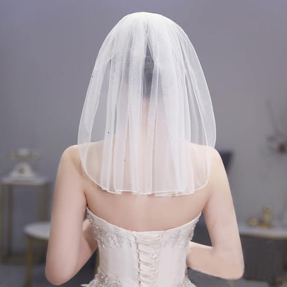 Bridal Wedding Pearl Veil 1 Tier Short Vails with Rhinestone for Bride