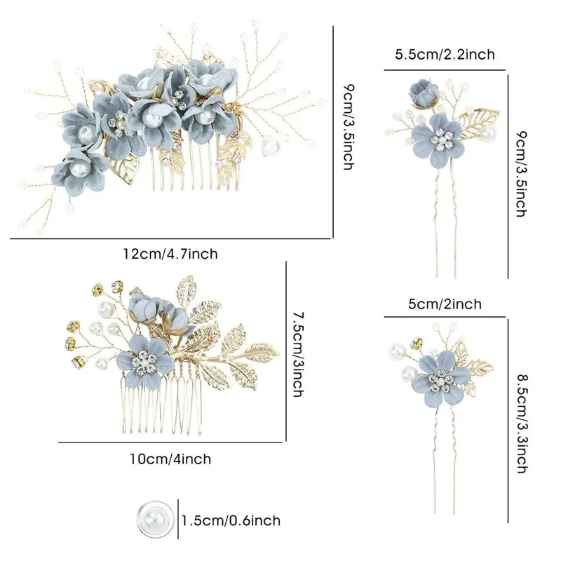 20 Pack Classy Dusty Blue Flower Bridal Wedding Hair Side Combs+Floral Hair Pins+Twist Spiral Pearl Hair Pins Clips Pieces Formal Prom Headpieces Accessories for Brides Bridesmaids Women Girls