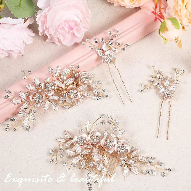 4 PCS Bridal Rose Gold Hair Accessories for Brides and Bridesmaids Rhinestone Hair Pins Crystal Flower Barrette Wedding Combs with Leaves sohochic