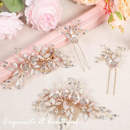 4 PCS Bridal Rose Gold Hair Accessories for Brides and Bridesmaids Rhinestone Hair Pins Crystal Flower Barrette Wedding Combs with Leaves sohochic