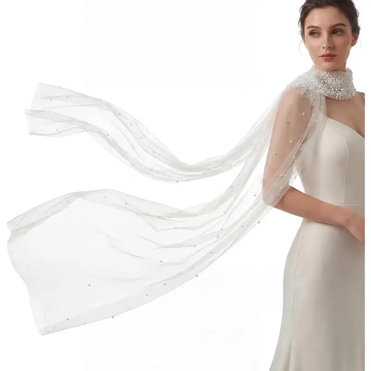 Bridal Tulle Neck Scarf 142in Extra Long Ivory Shawl for Brides, Handcrafted Lightweight Pearl-Embellished Wedding Wrap with Soft Breathable Tulle, Excellent Drape for Ceremony & Reception Photos