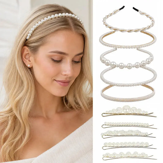 Women's Non-Slip Imitation Pearl Hairband & Clip Set - 5 Pearl Headbands and 5 Hair Clips, Adjustable Band, One Size Fits All, All-Day Wear, Bridesmaids' Wedding Events Fashion Hair Accessories