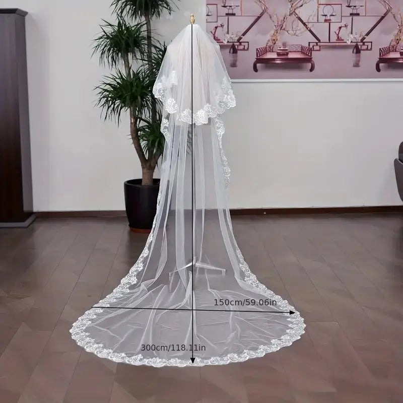 Bridal Trailing Veil - Exquisite Romantic Western Wedding Veil with Floral Lace Edge, Flower Print for Classic Wedding Ceremony, Formal Events