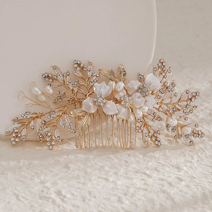 French Vintage Pearl Rhinestone Hair Comb, Stunning Bride Wedding Headpiece, Gold Leaf Hair Pin, Bridesmaid Photo Shoot Accessory