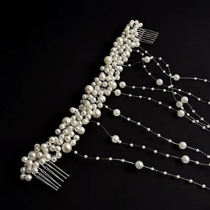 Handmade Pearl-Tassel Insert Comb with Wavy Hair Band Garland - Glam Wedding Ceremony Bride's Hair Decor, Home Decor Accent, Tassels
