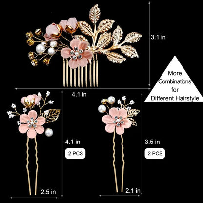 5 pieces of elegant pink bridal hair accessories - crystal pearl hair comb and hairpin, suitable for bridal hairstyles, engagement styles, dances, parties