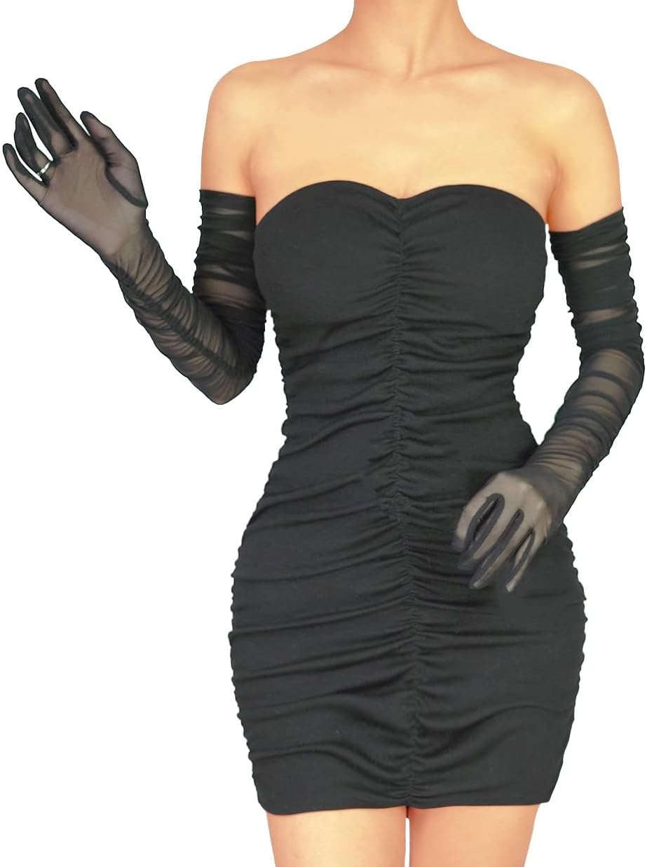 Stretchy Ruched Sheer Mesh Tulle Long Opera Gloves for Women