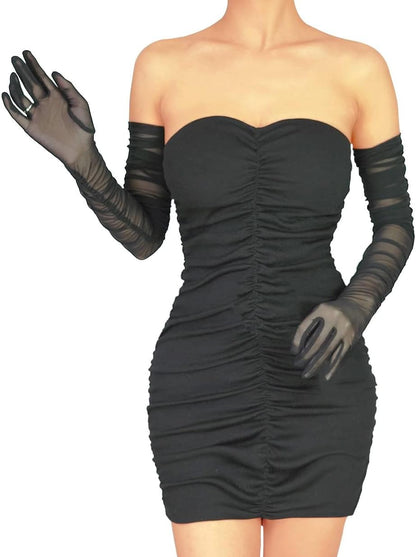 Stretchy Ruched Sheer Mesh Tulle Long Opera Gloves for Women