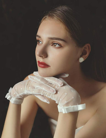 QRBTSCL Women's Lace Gloves Short Tea Party Wedding Bridal Gloves with Bow