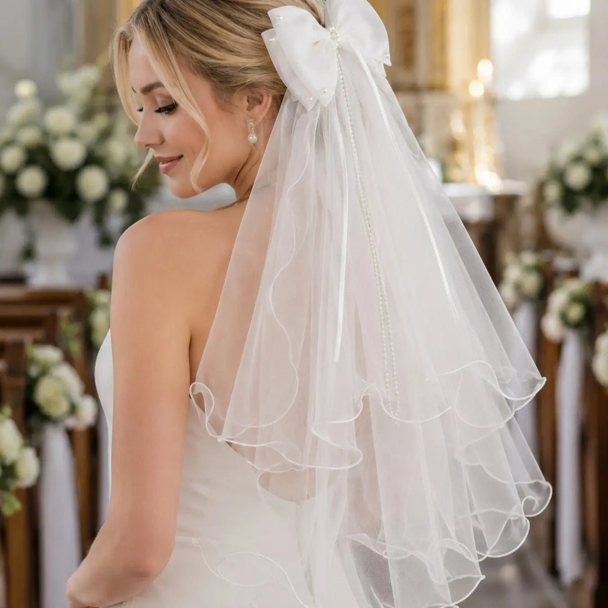 White Wedding Bow Veil Clip, Layered Satin Organza Bow with Double Tulle Veil, Pearl Accent Hairpiece for Bride, Bridal Shower, Ceremony, Engagement Photos, Western Wedding Veil, Wedding Veils for Brides, The Wedding Veil